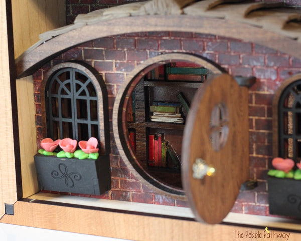 Gnome home - book store or library - shadow box diorama with working door- 5 - ThePebblePathway