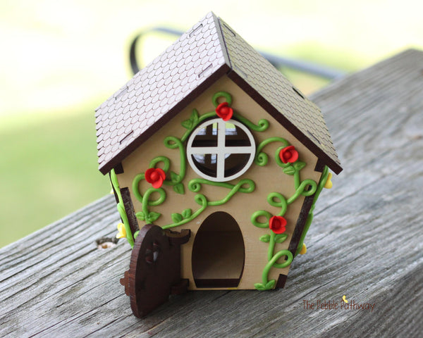 Tiny home for itty bitty gnome - springtime miniature house with red and yellow flowers - village cottage