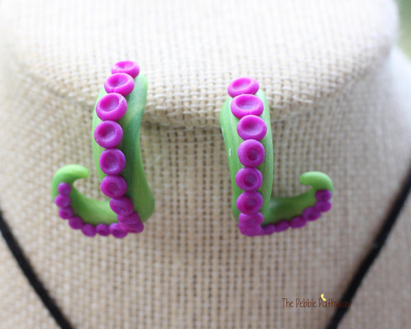 Green tentacle pendant and earrings with purple suckers, octopus themed jewelry