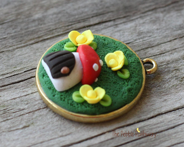 Tiny Mushroom gnome home and Flowers Pendant