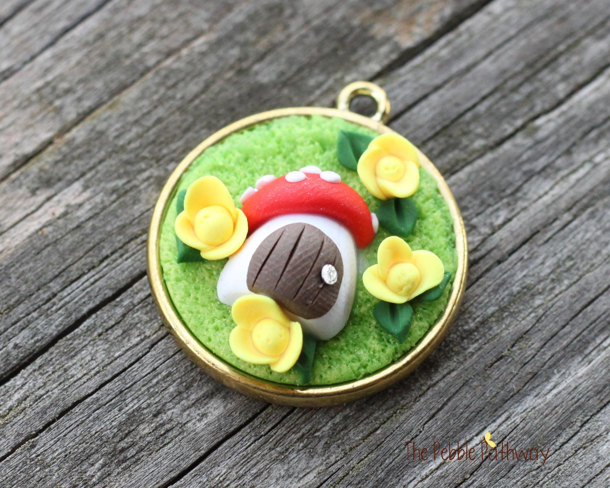 Tiny Mushroom gnome home and Flowers Pendant light green background