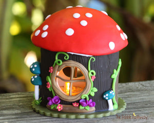 Tree stump mushroom Fairy House night light with flowers