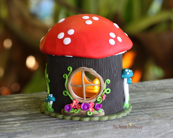 Tree stump mushroom Fairy House night light with flowers