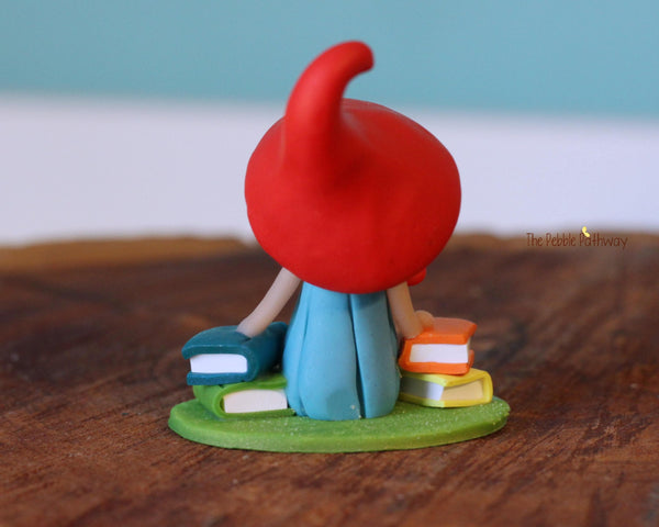 Gnomette with books and glasses - miniature garden girl gnome figure- Matana