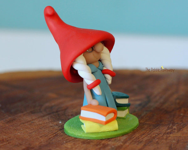 Gnomette with books and glasses - miniature garden girl gnome figure- Matana