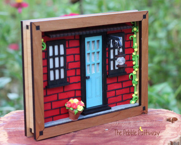 Whimsical front door 3 dimensional picture framed artwork mixed media - Brick House - ThePebblePathway
